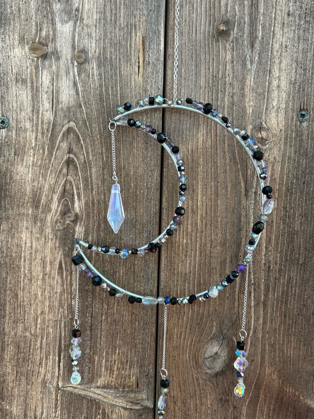 Handcrafted Crescent Moon Beaded Hanging Jewelry - Iridescent Black and Crystal